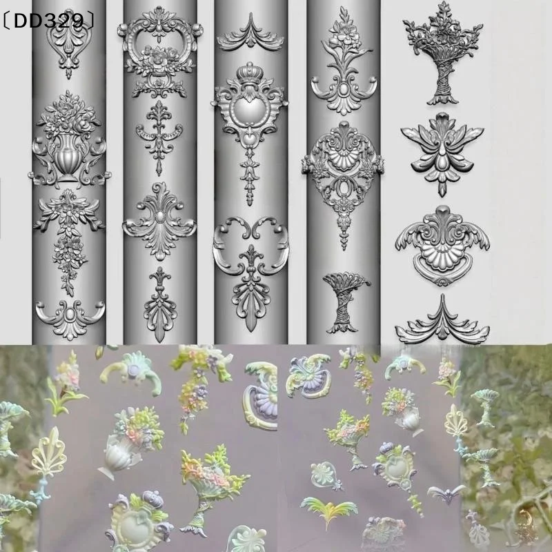 1/6Pcs 3D Silicone Nail Art Mold Retro Flower Vine Chinese Knot Transparent Reusable Nail Carving Stencil For Manicure〔DD329〕