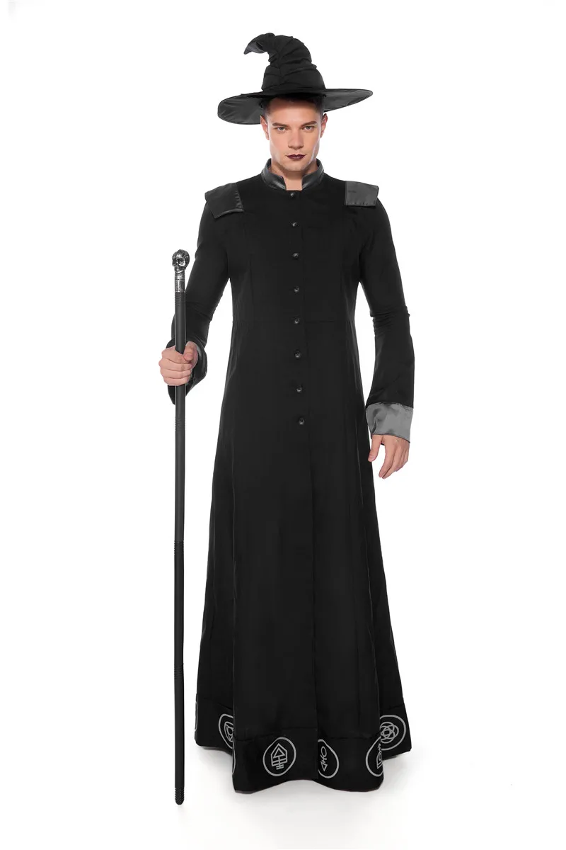 

Adult Men Black Wizard Costume Halloween Dark Sorcerer Robe Religious Priest Cosplay Costume halloween costumes for men adult