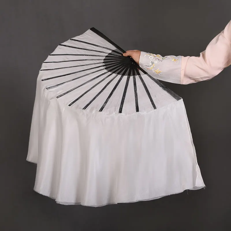Real Silk Short Fan Veil Dual Layers Double Fan Pairs(1L+1R) Women Belly Dance Folk Dance Gradient Fan Props Black Bamboo