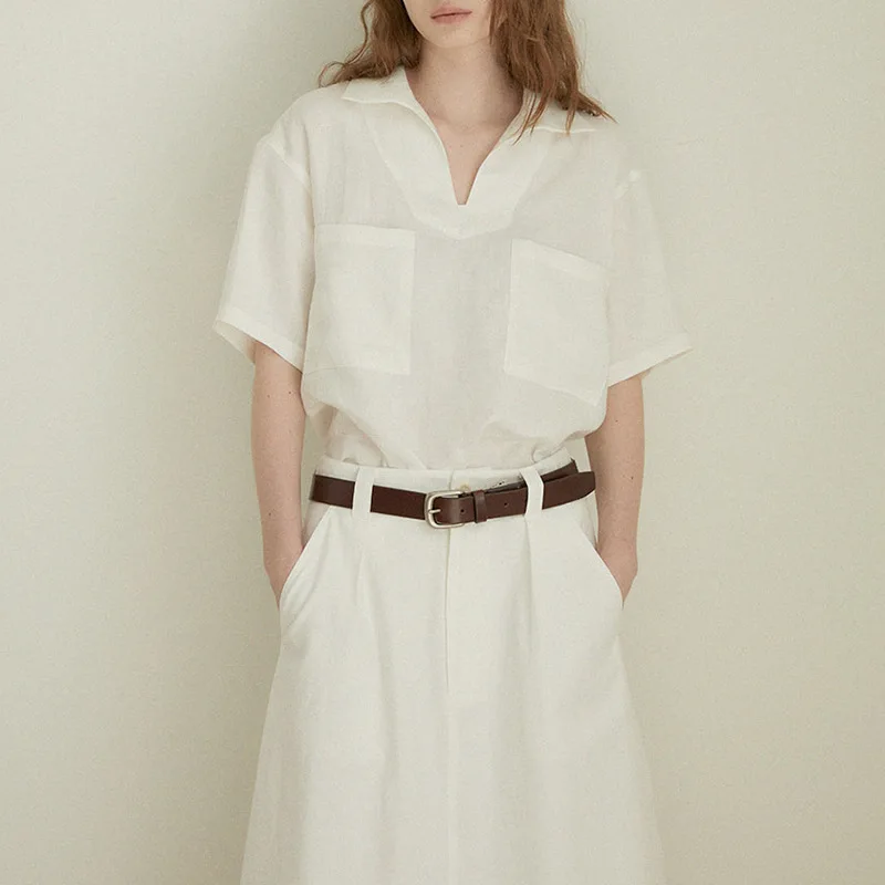 

Loose Linen irt V-Ne Wide Sle Summer Women's High-End irt ort Sve Turn-down Collar Top PU Material Pure Color