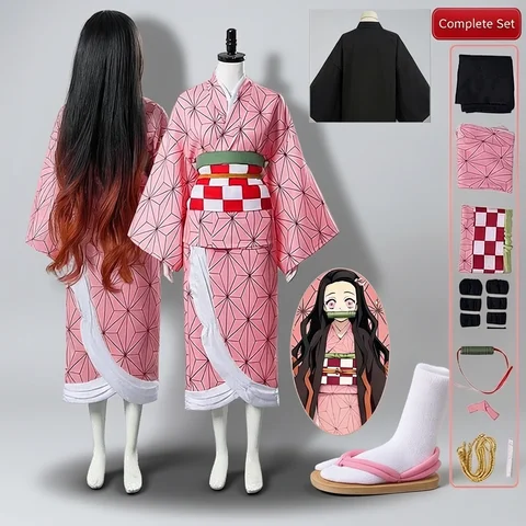 Anime Kamado Nezuko Cosplay Costume Costumes Kimono Haori Wig Suit For Adult Children Hallow