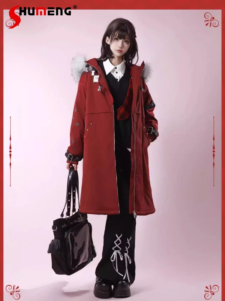 

Japanese Fashion Street Sweet Cool Girl Thickened Long Parka Plush Hooded Zipper Loose Versatile Cotton Jacket for Women Winter