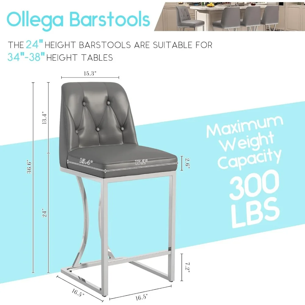 24" Counter Height Bar Stools Set of 2, Grey Counter Stools with Back and Sliver Metal Frame, Modern Luxury Barstools with