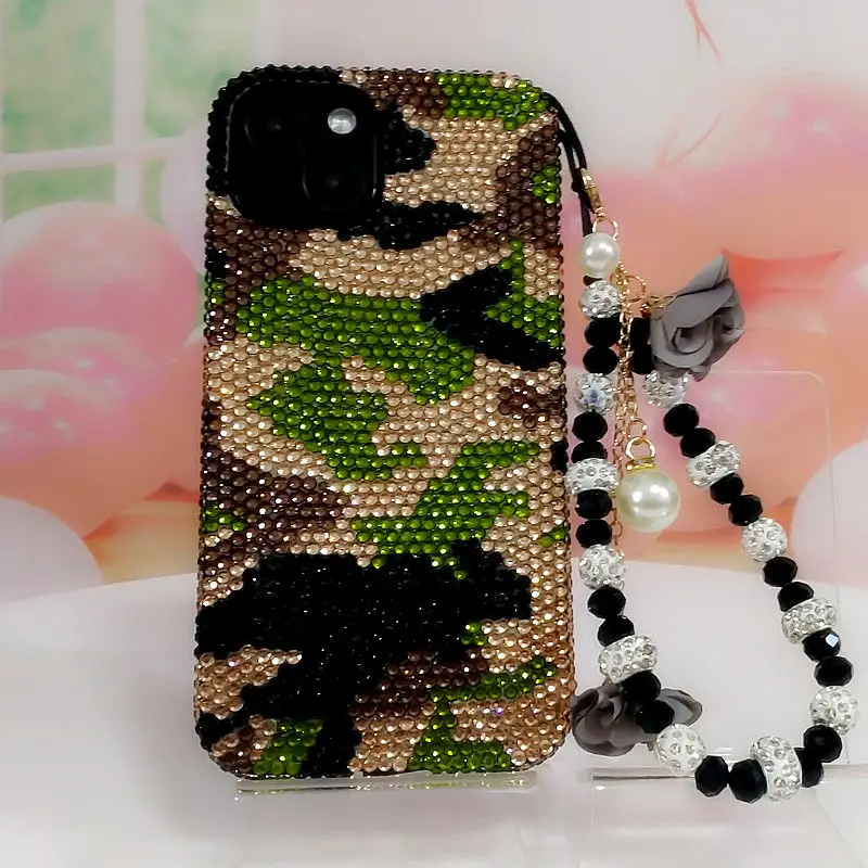 

Luxury Handmade Green Camouflage Rhinestone Phone Back Cover for Samsung Galaxy Z Fold 6 S9 S10 S23ultra S24plus S22 S21fe