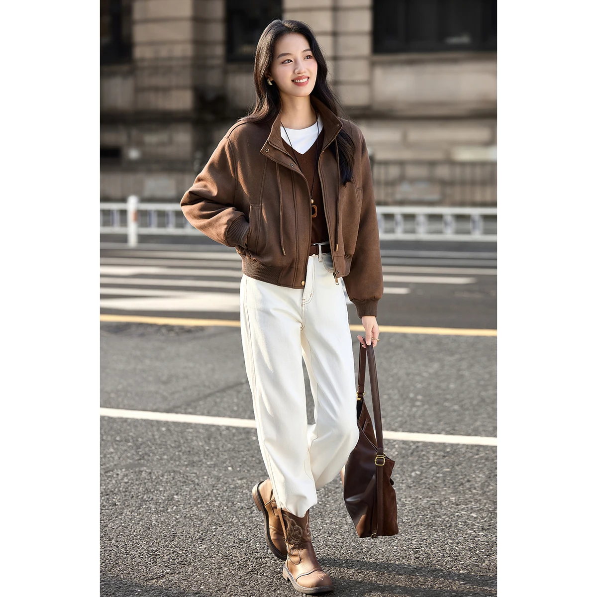 SENTUBILA معاطف الشتاء النسائية 2025 التلبيب الرباط الوقوف طوق البني سترة فضفاضة تناسب طويلة الأكمام النساء الملابس W54WB3844 #5