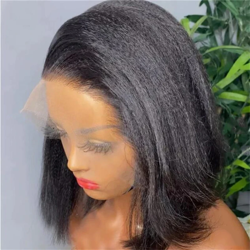 Peluca frontal de encaje recto rizado para mujer, pelo corto sintético predespuntado, resistente al calor diario, 16 ", Bob Yaki, sin pegamento, suave, 180de densidad