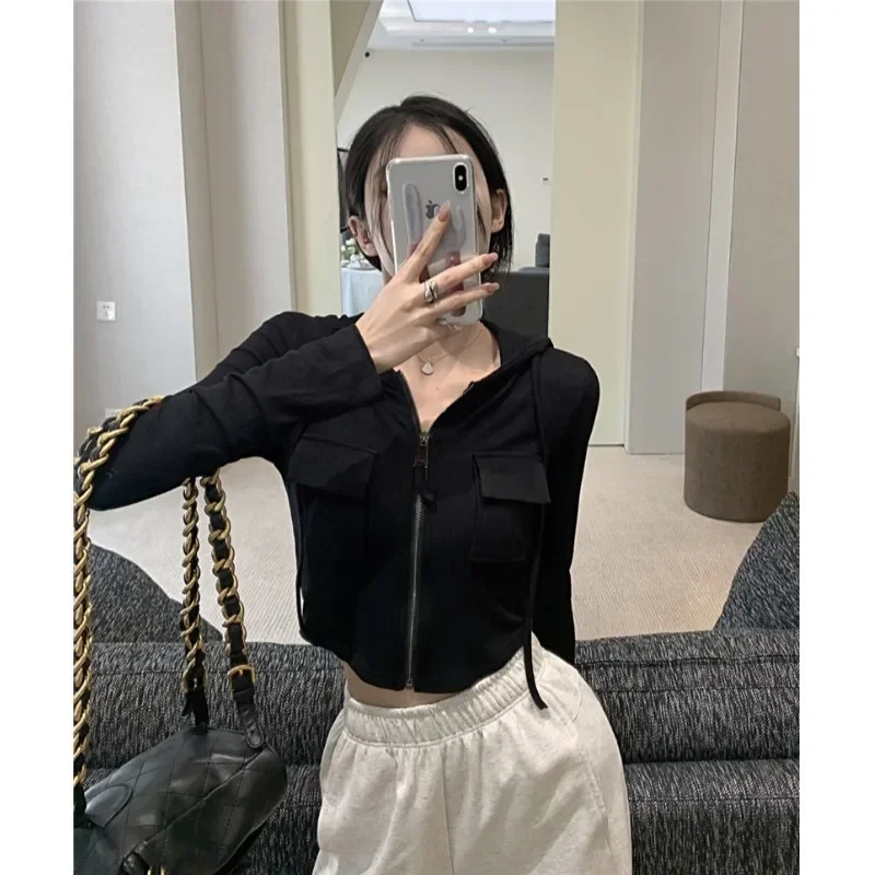 Korean Casual White Hoodies Sweatshirts Simple Style Long Sleeve Zip Up Slim Fit Outerwear Women Spring Spring Streetwear Y2k