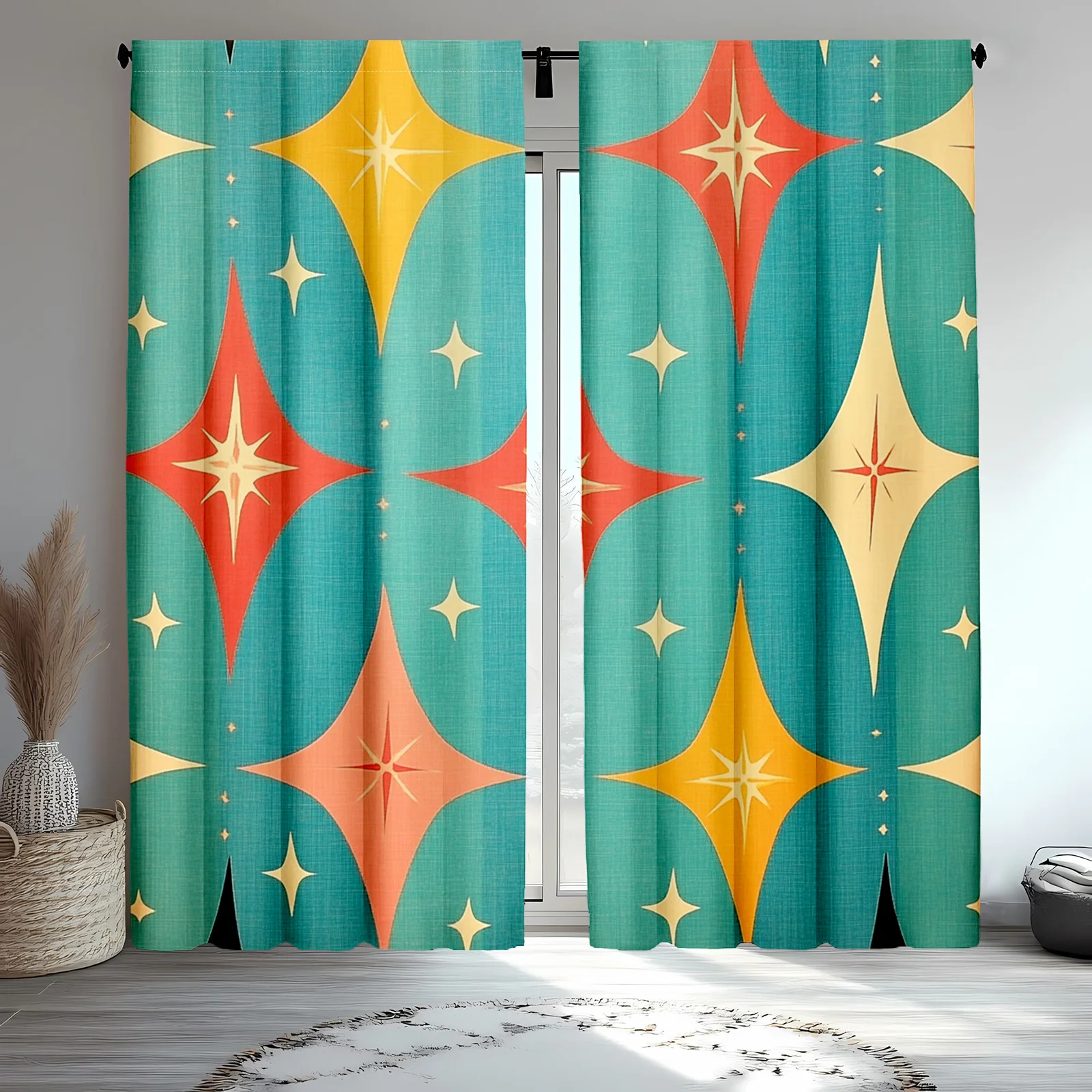Retro Starburst Curtains Set of 2 Polyester HD Print Rod Pocket Light Filtering for Living Room Bedroom