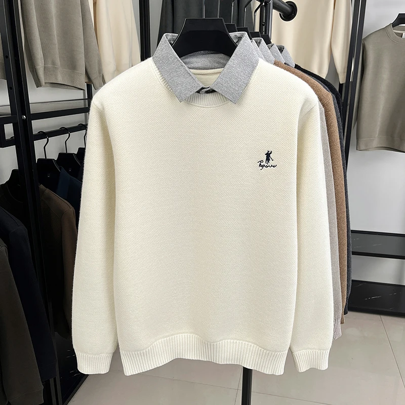 

High end personalized shirt collar sweater men's casual top trendy brand exquisite pony embroidery winter new knitted pullover