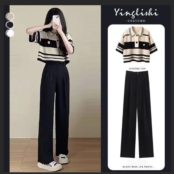 Preppy Short Polo Top Women Summer Retro Chic Short sleeve knit High Waist Wide Leg Suit trousers Two-piece Set