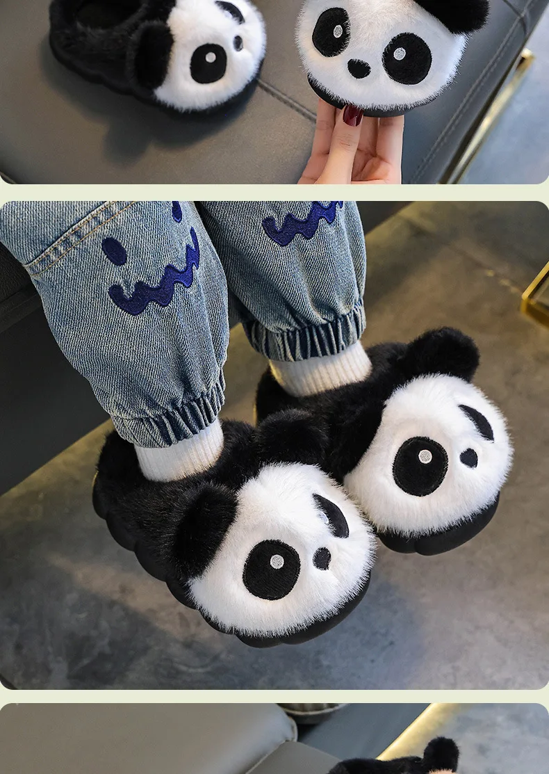 Kinder Hausschuhe Niedlichen Panda Flauschigen Mode Winter Warme Baumwolle Hausschuhe Eltern Kind Indoor Cartoon Plüsch Boden Hause Hausschuhe – Detail 3