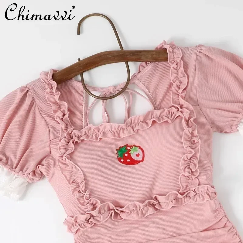 Japanese Cute Girl Sweet One-piece Triangular Swimsuit Women's 2025 Summer New Retro Bubble Sleeve Soft Girl Loli Swimwear