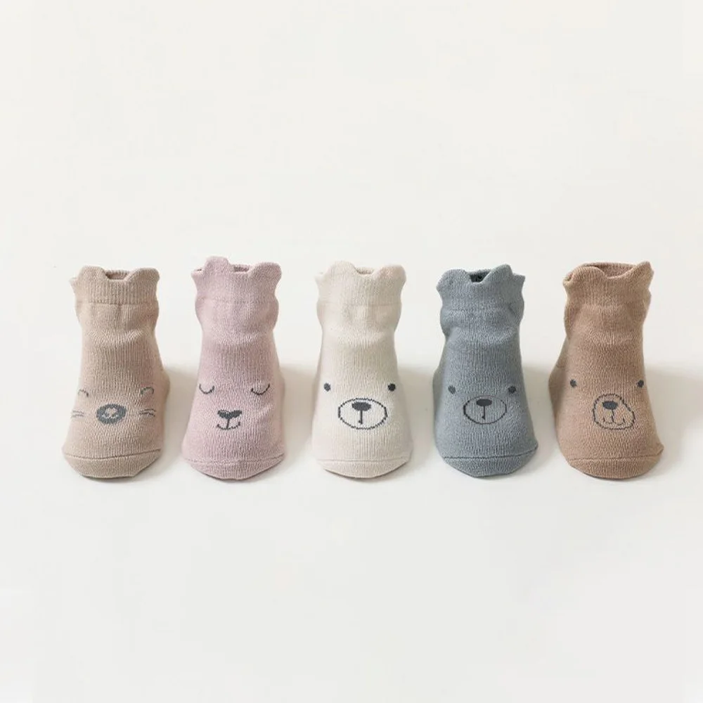 5 Pairs Infant Newborn Baby Anti-Slip Socks 5colored Bear Print Baby Girl Cotton Socks Solid Autumn Toddler Boys Knee Floor Sock