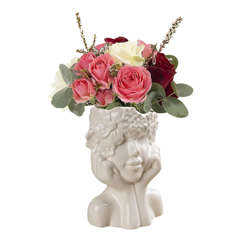 White Ceramic Flower Vase For Decor,Modern Style Female Form Face Vase,Unique Flower Vase For Home Office Decor Durable B