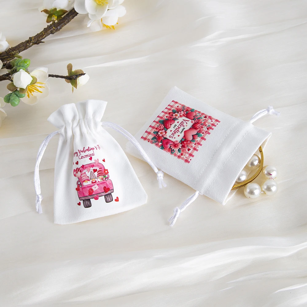 5pcs Jewelry Makeup Packaging Bag Valentine's Day Thermal Transfer  Applique White Flannel Pouch Drawstring Gift Storage Sack