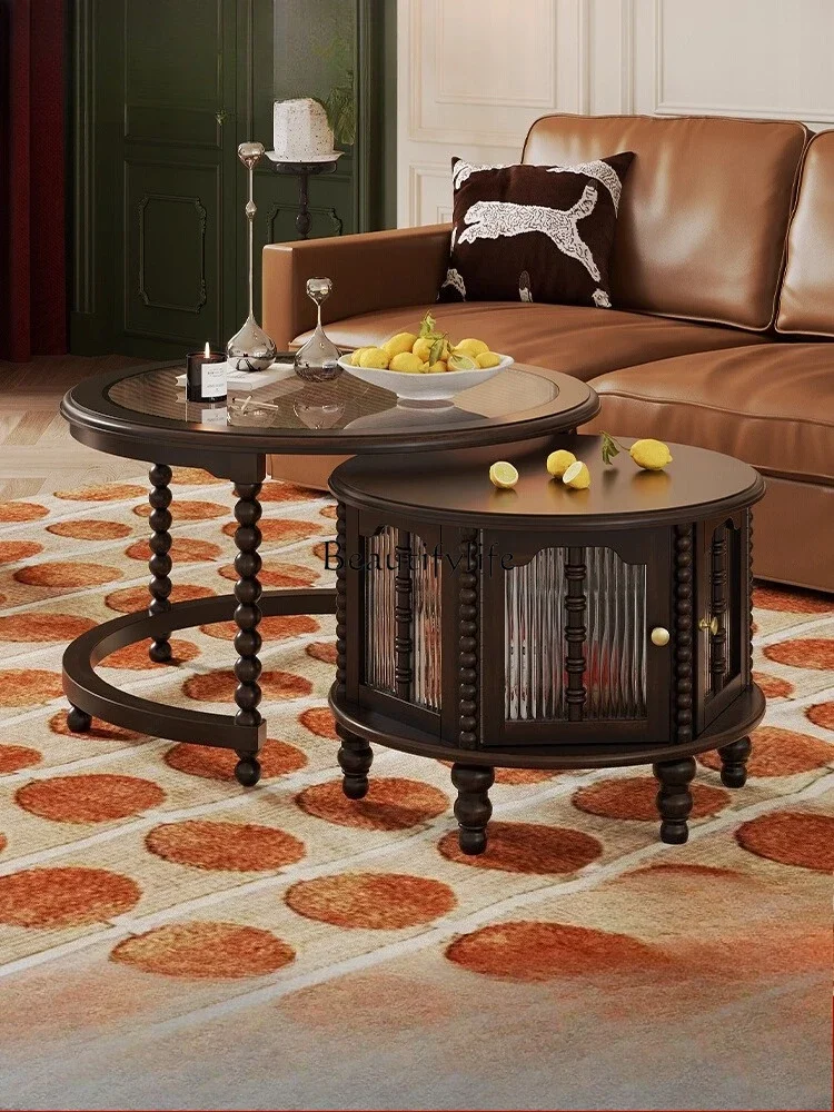 

46Retro round coffee table glass American solid wood living room home removable high-end combination