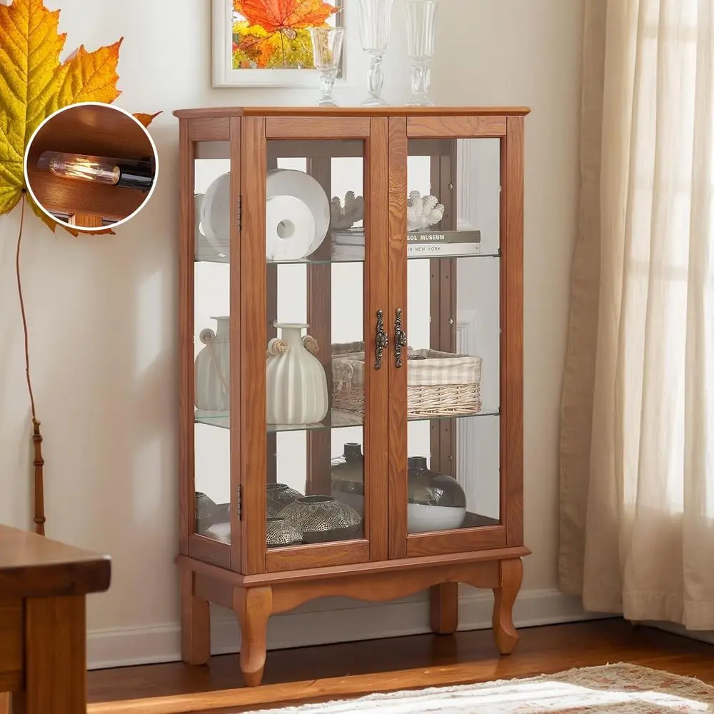 

44 Lighted Curio Cabinet with Tempered Glass, Wooden Antique Display, Adjustable Shelves, Mirrored Back, for Small Wine Bar or L