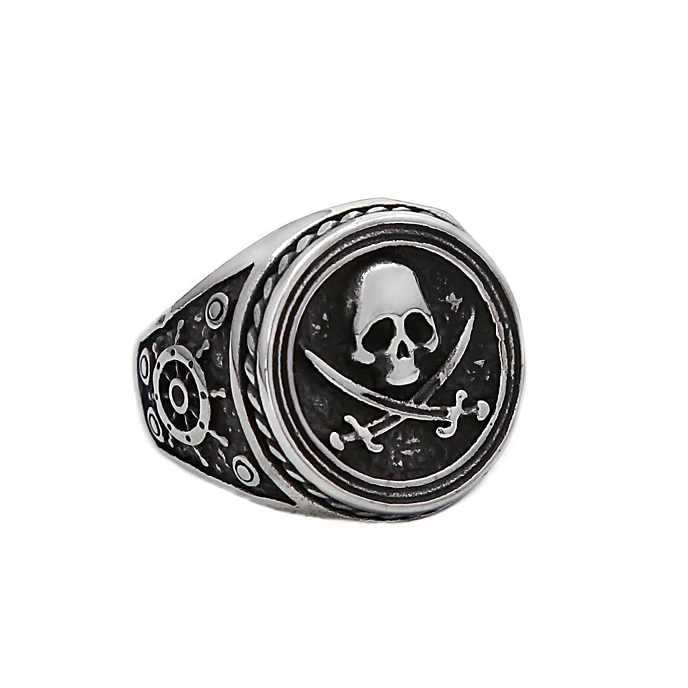 Vintage Unique Double Knife Pirate Skull Ring Gothic Stainless Steel Skull Ring for Men Boys Amulet Jewelry Gift Dropshipping