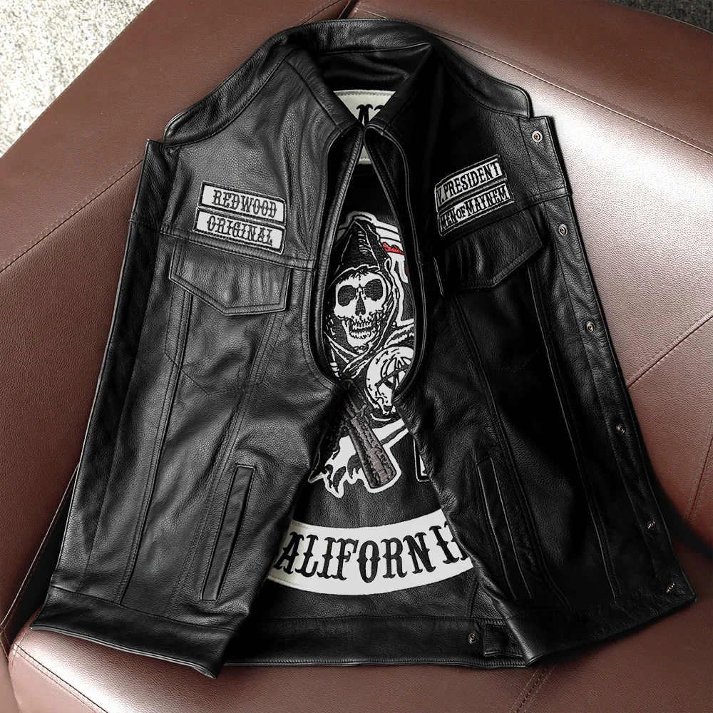 Chaleco clásico de cuero de vaca para motocicleta, chaqueta informal con cuello levantado, estilo Punk, 100%