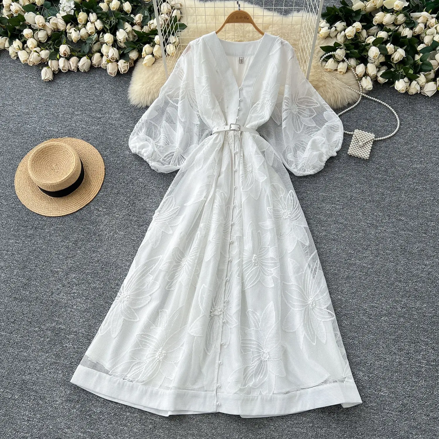 

Long Dress Women Dresses A Line Vestidos High Waist Party V Neck Lantern Sleeve Elegant Splice Y2k Streetwear Summer 2025