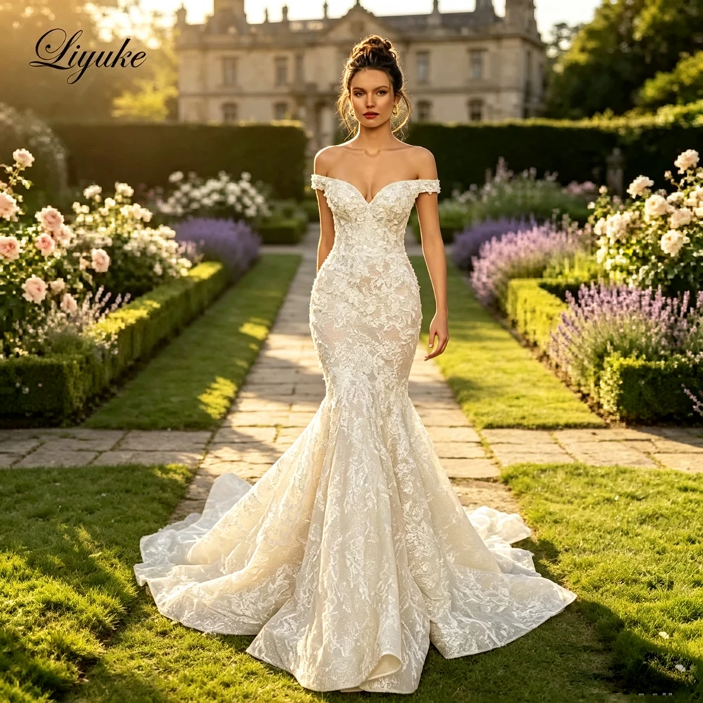 Liyuke Custom Made New Arrival Mermaid Wedding Dress Robe De Marriage Off  The Shoulder Floral Prints Trumpet Bridal Gown