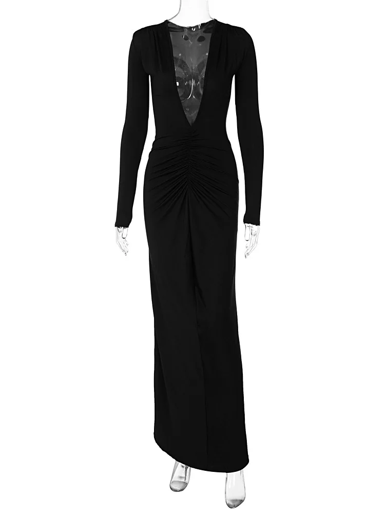 Sexy Deep V-Neck Ruched Solid Maxi Dress Body-Shaping Long Sleeve Elegant Evening Party 2023 Autumn Winter Classic Prom Dresses