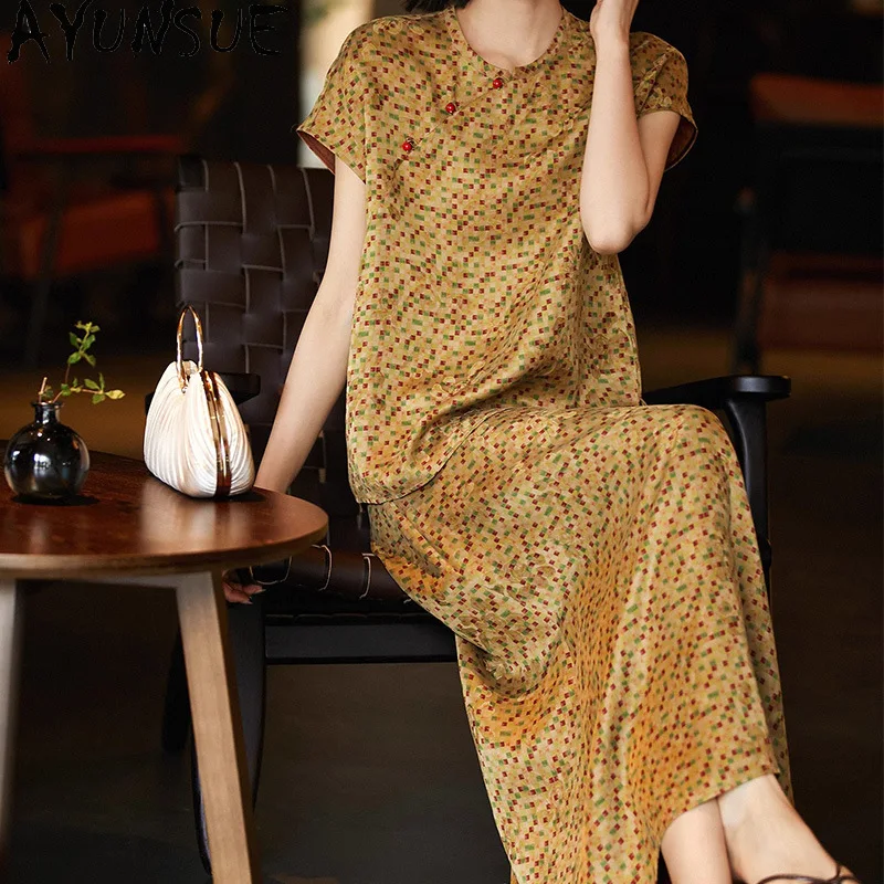 

AYUNSUE Real Silk Women's Matching Sets New Chinese Style Summer Outfit Woman Short Sleeve Tops Long Skirt Woman Clothes Ropa
