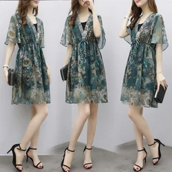 Women's Clothing Short Sleeve Matching Sets Vintage Folk Two Piece Set Short Sleeve Summer A-Line Fashion Drawstring Dress Sets