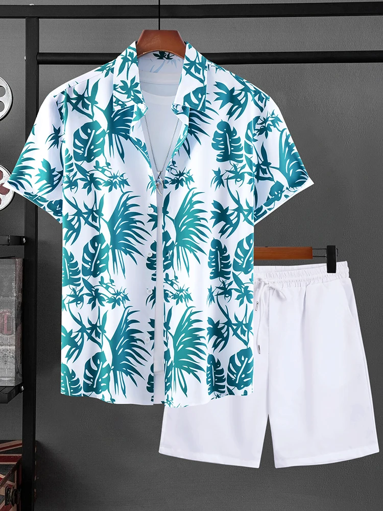 New Palm Leaf Print Men\'s Short Sleeve Shirt + Beach Shorts Set Summer Fashion Men\'s Casual Shirt Hawaiian Men\'s Sports Shorts