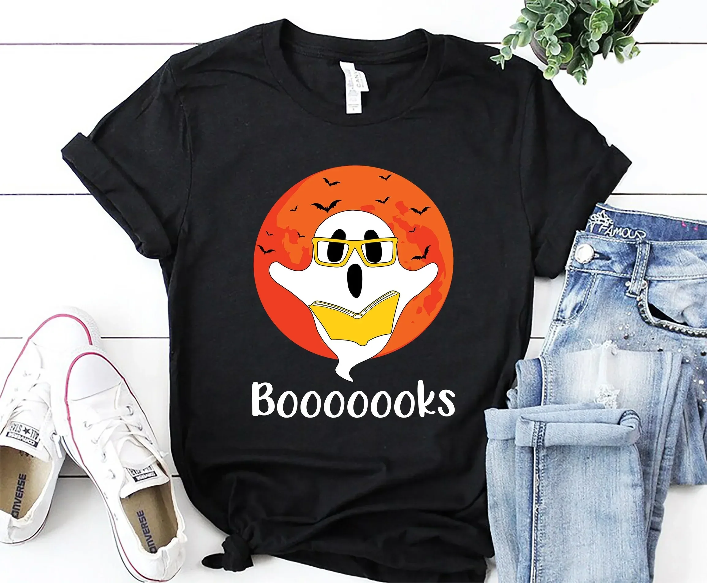 Ghost Books Booooks T Shirt Halloween Reading Librarian Bookworm Party Teacher