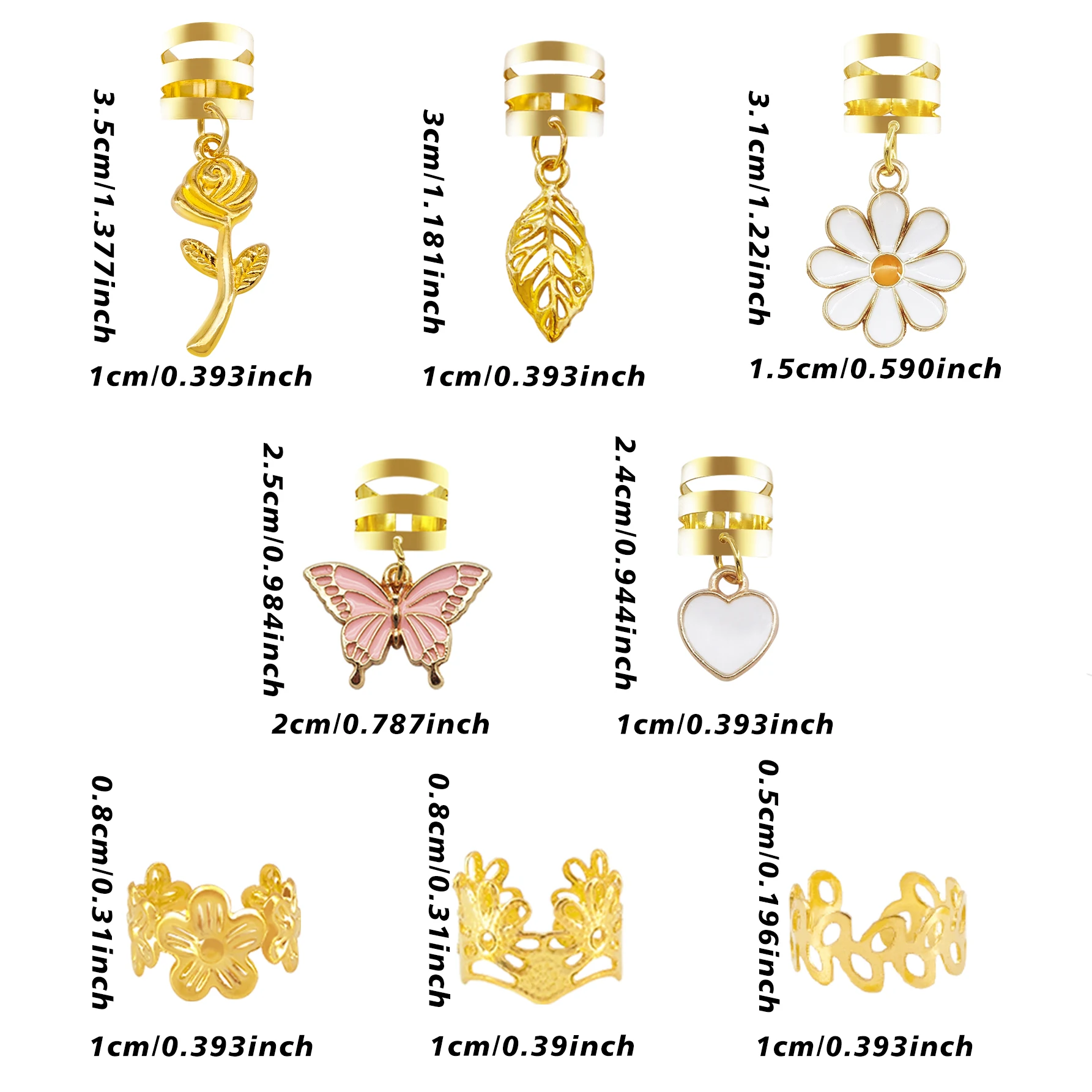 45pcs White Heart & Daisy Pink Butterfly Golden Leaf & Rose Hair Rings – Delicate Adjustable Cuffs, Sweet Bohemian Hair Jewelry - view 6