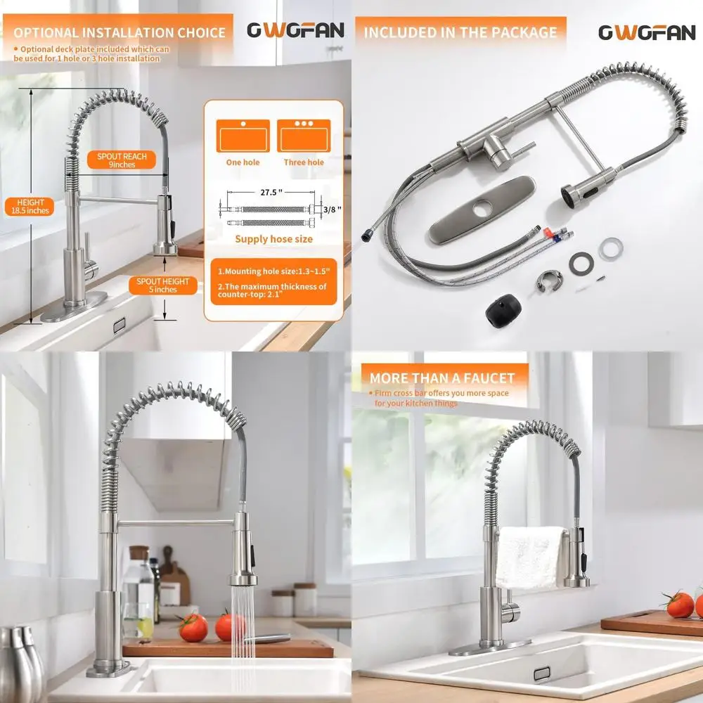 

Pull-Down Spray Kitchen Faucet with Brushed Nickel Finish, Stainless Steel, 1-Handle, Dual Function for 1 or 3-Hole Sinks, Suita