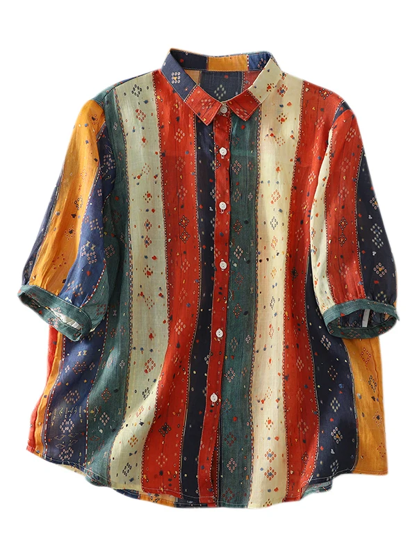 High-End European Floral Stripe Linen Cotton Casual Lightweight Summer Shirt Women's Short Sleeve Loose Fit Polyester Fabric