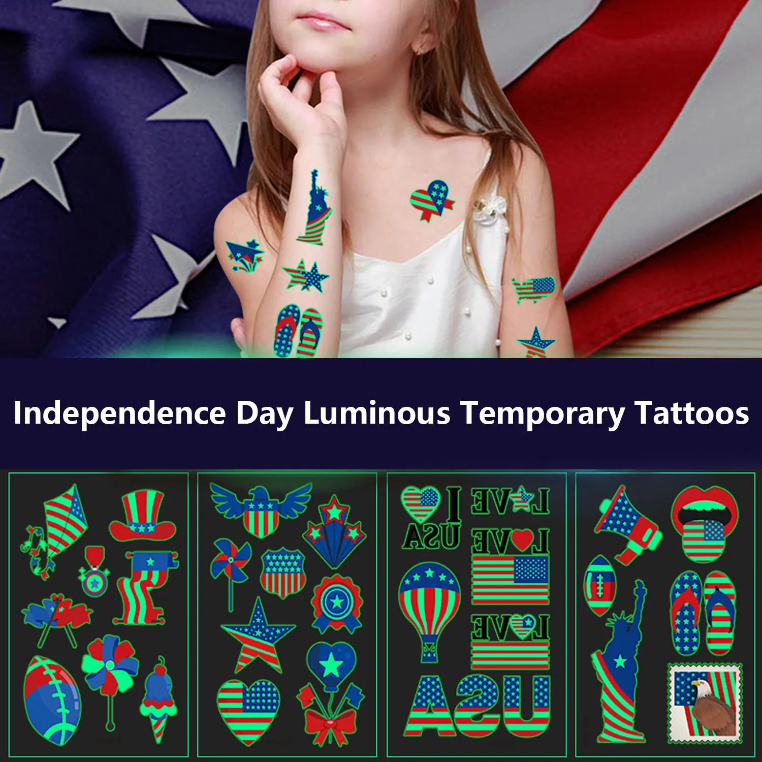 

Luminous Fourth of July Decorations Temporary Tattoos, Patriotic Independence Day Memorial Day Decorations Red White and Blue