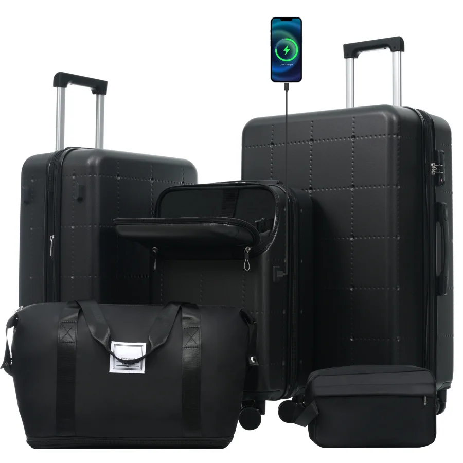 

Hardside Luggage Set 5 Piece for Travel, Polycarbonate, Black, Lightweight with USB Port, Expandable, Double Spinner Wheels, TS