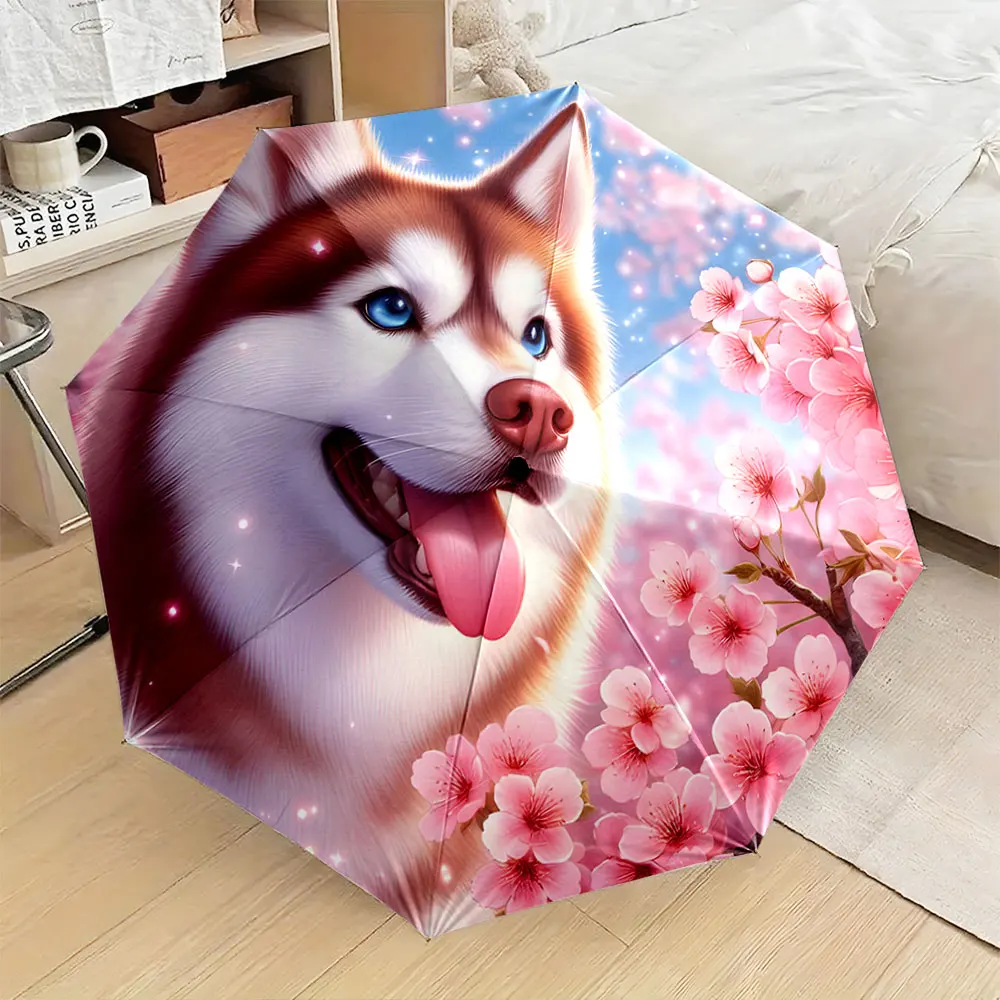 1PC Charming Husky and Blossom Design Umbrella Print 8 Iron Ribs Folding Umbrella Auto-Open Fashion Sunshade