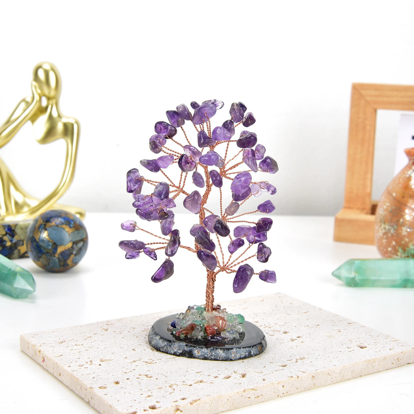 Lucky Crystal Tree Random Stone Base Natural Amethyst Money Tree for Positive Energy Crystal Tree Home Office Decoration