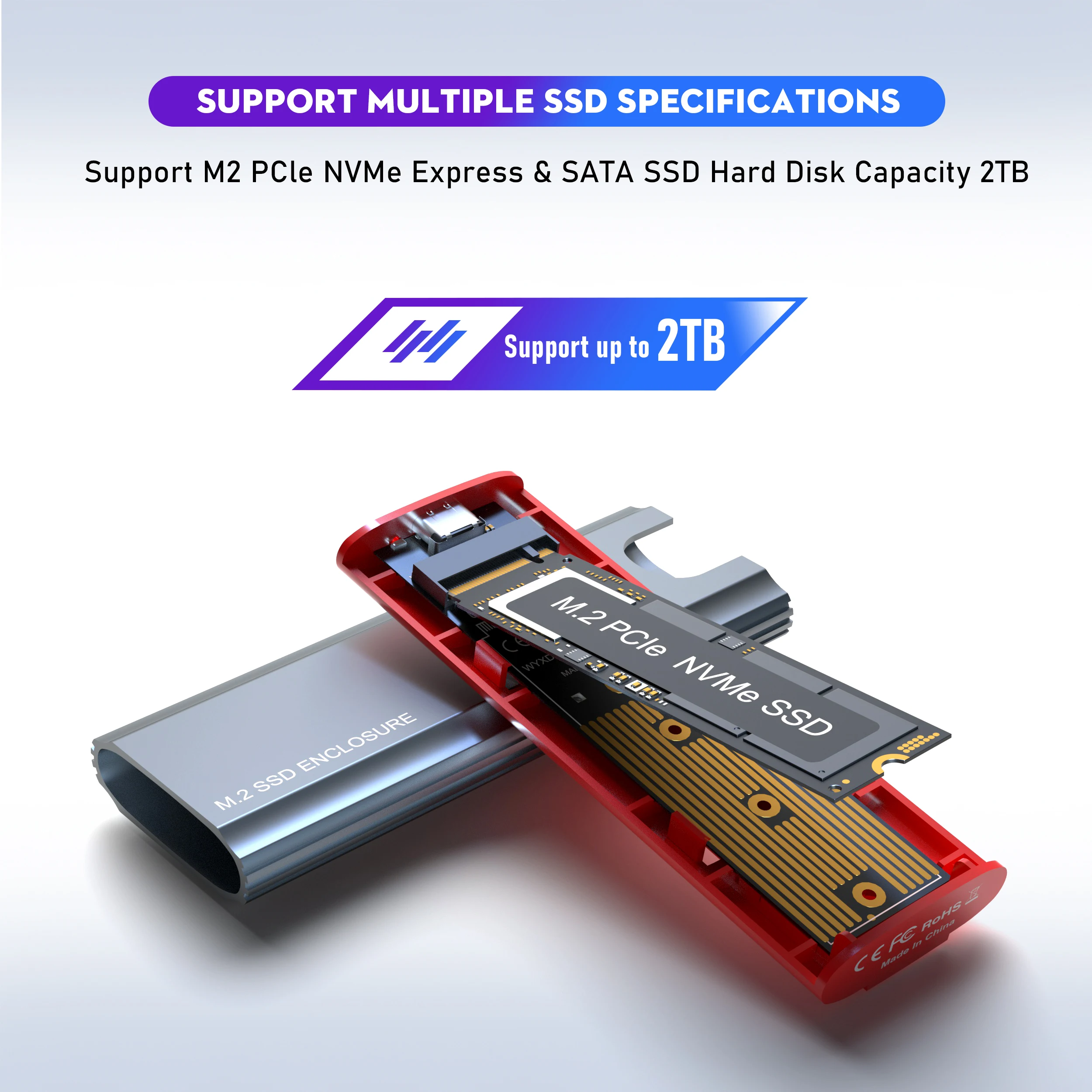 M.2 SSD Enclosure Dual Protocol NVMe SATA Tool Free USB Type-C 10Gbps External Hard Disk Box for M/B&M Key 2230-2280 SSD Max 2TB