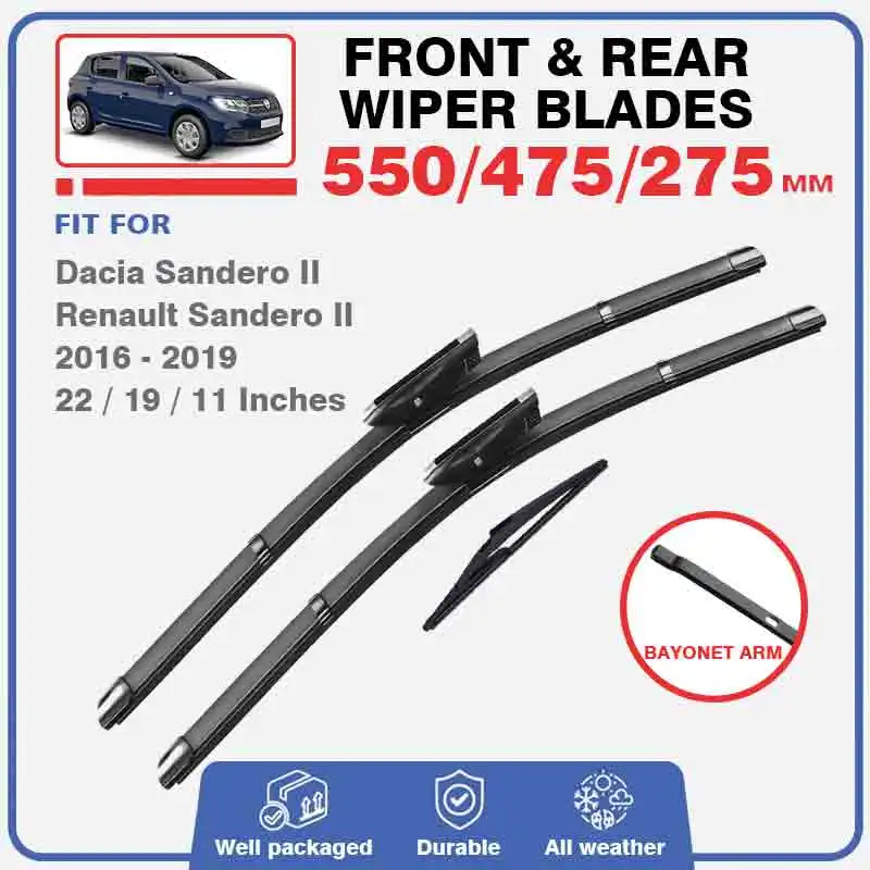 Car Front Rear Wiper Blades For Dacia Renault Sandero II MK2 2016 - 2019 Stepway Windshield Windscreen Window Brushes 2017 2018