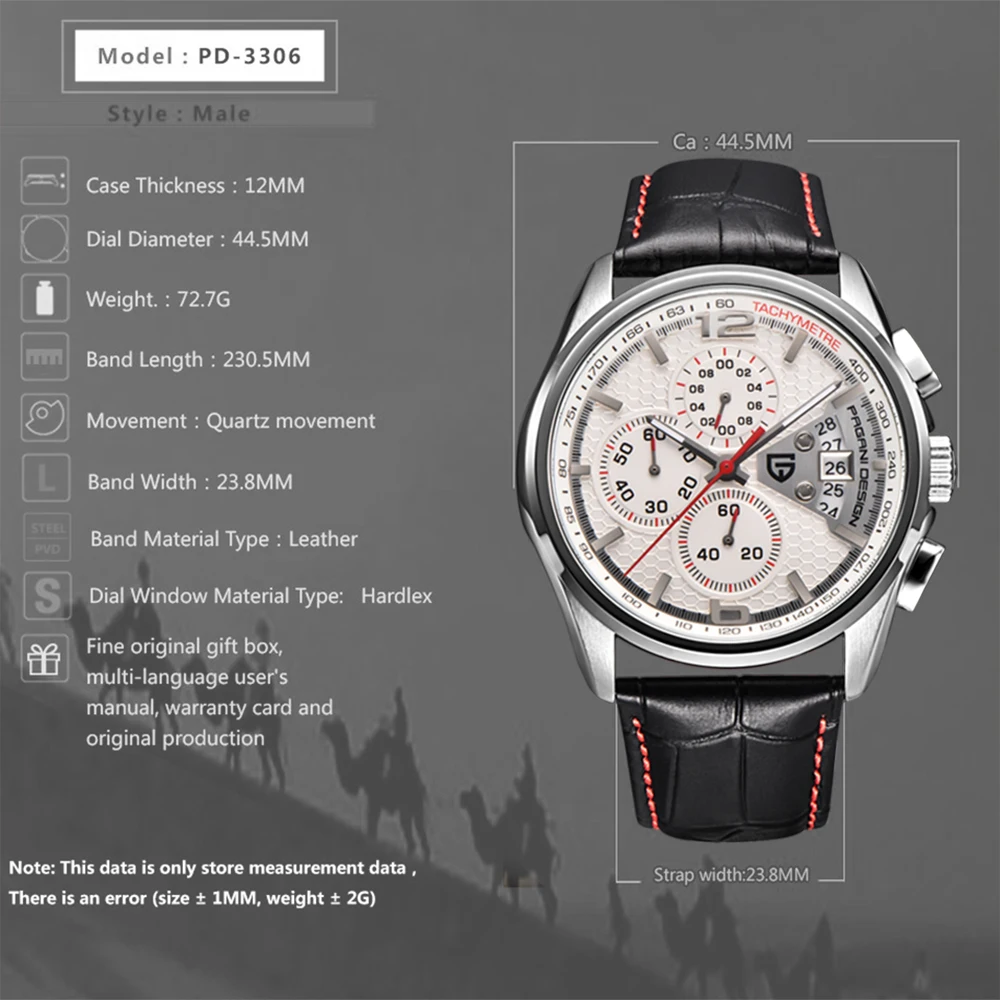 PAGANI DESIGN ساعة رياضية كلاسيكية للاستخدام الخارجي مقاومة للماء من الجلد كوارتز ساعة عسكرية متعددة الوظائف مضيئة للرجال