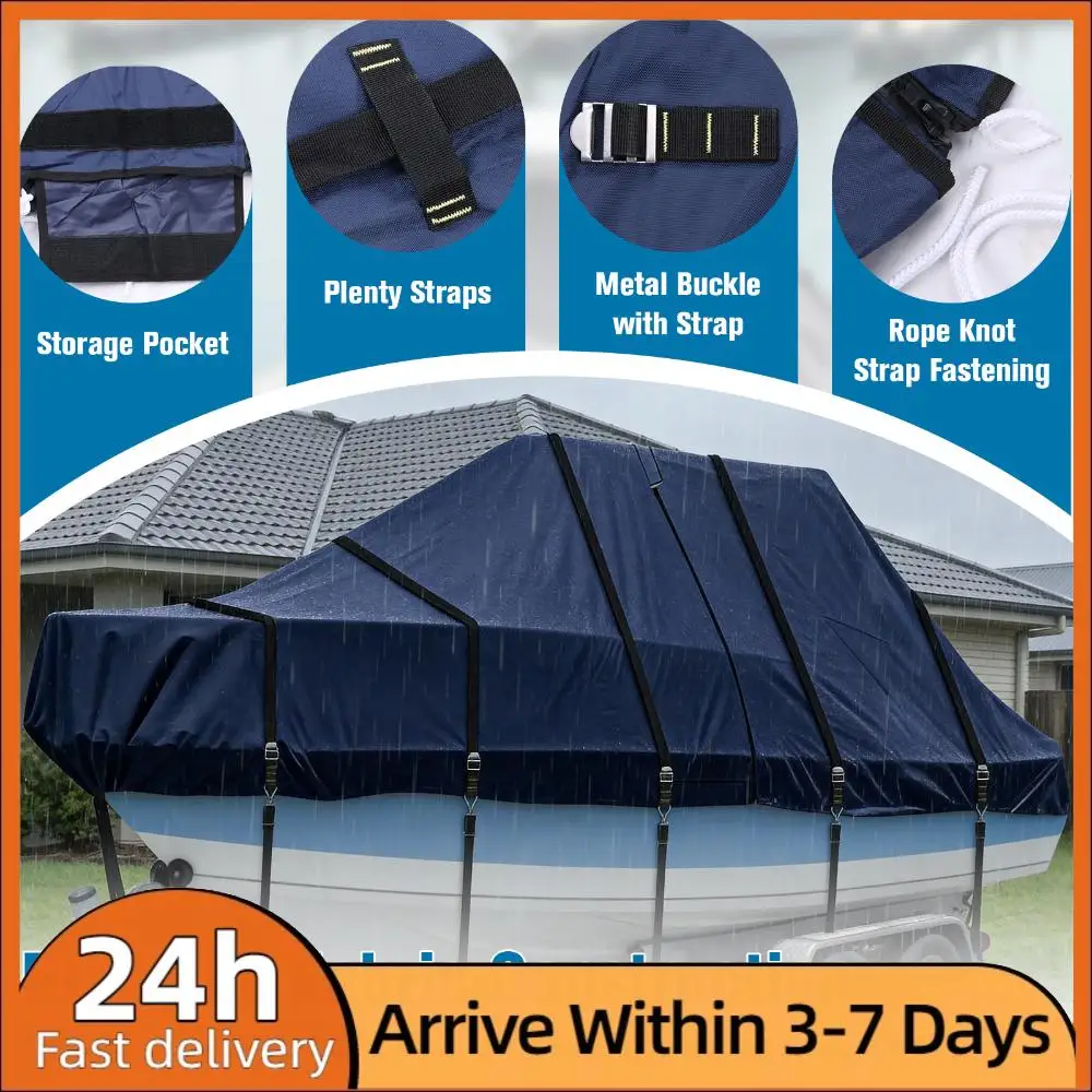 

1200D Trailerable Center Console Boats Covers with 18 Tie Down Strap UV-Proof Fits V-Hull/Fish&Ski/Pro-Style/Fishing/Runabout