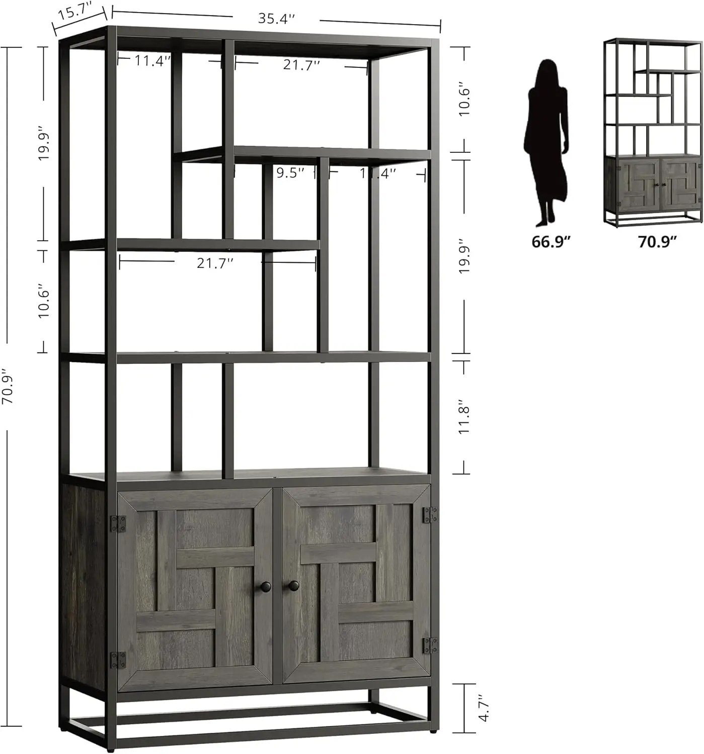 أرفف كتب وخزائن كتب من IRONCK، رف كتب عريض 35.4 بوصة مع أبواب، رف كتب طويل 6 طبقات هندسي مع خزانة تخزين #2