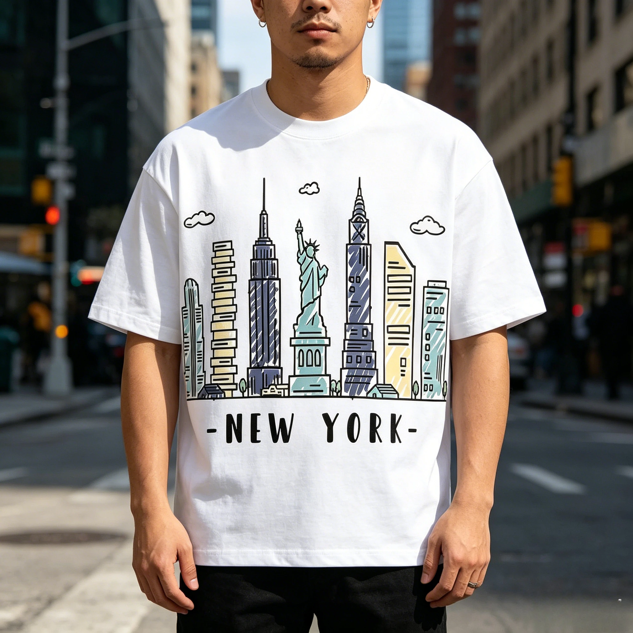 Street Style New York Fashion - カジュアルなラウンドネックのニューヨーク春夏柄半袖Tシャツ、原宿ストリートスタイルのトップスです。