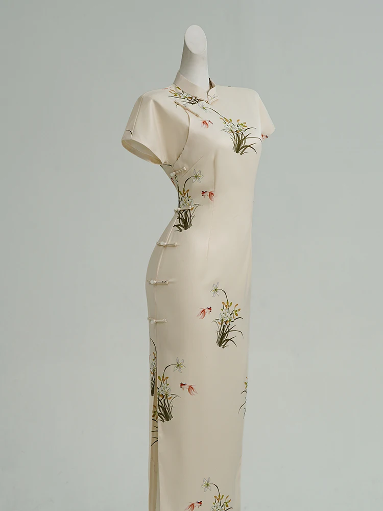 

Ele Vintage Sle Full Slit Women's Summer New Model Beautiful White Traditional Chinese Sle Long Qipao Dr