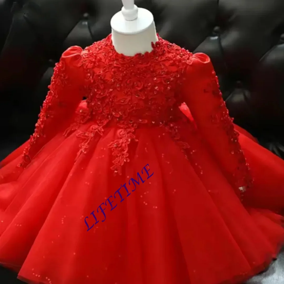 Customized Baby Flower Girl Long Sleeve Wedding Dress Newborn Princess Christmas Gown Beads Lace Infant Kids Birthday Party Bapt