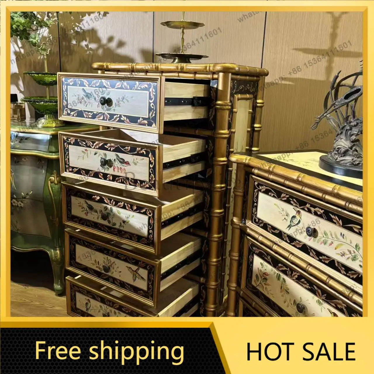 LD American retro light luxury bamboo flower and bird chest household storage cabinet