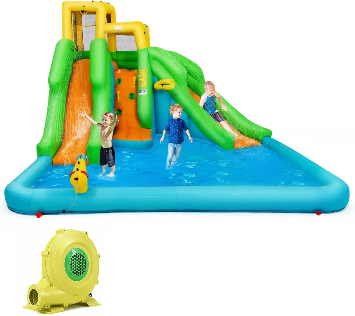 

Inflatable Water Slide, 6 in 1 Kids Waterslide Park for Outdoor with 480w Blower, Dual Slides for Racing Fun, Splash Pool