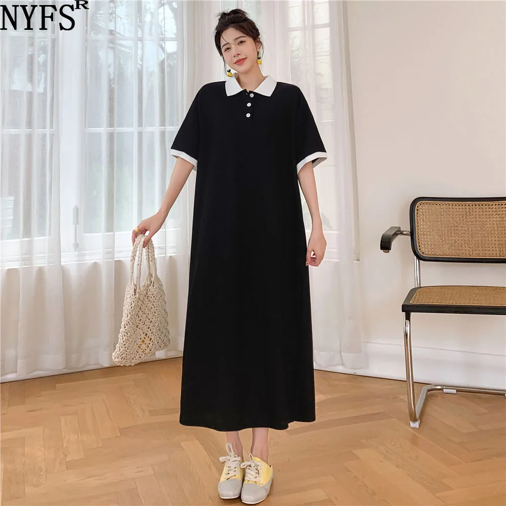 NYFS 2024 Summer New Korea Woman Dress Vestidos Robe Elbise Loose Plus Size Cotton Split Short Sleeve Polo Long Dress