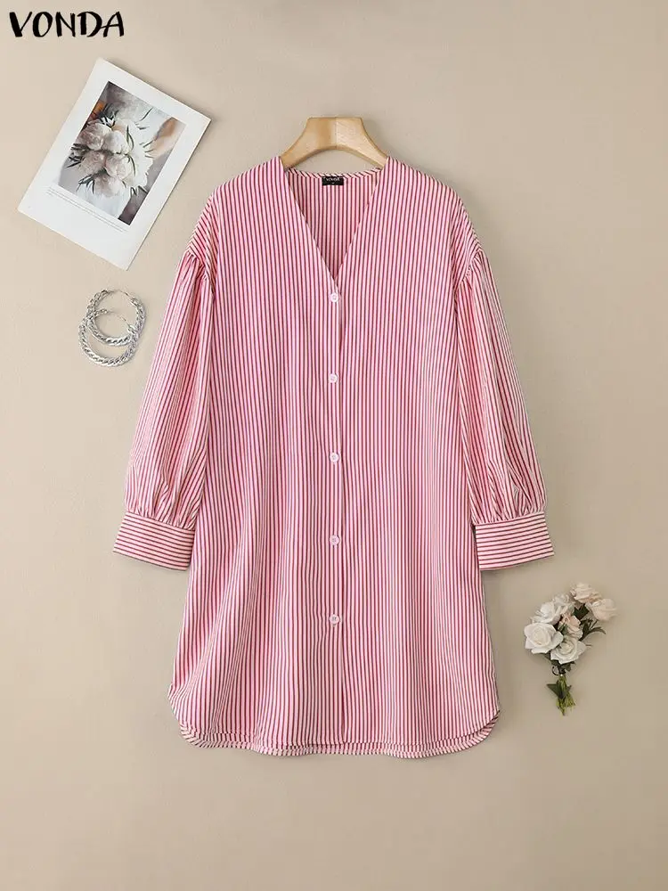 VONDA mode robes rayées femmes chemise longue 2025 printemps été Mini robe d'été col en v manches bouffantes décontracté coréen robes courtes