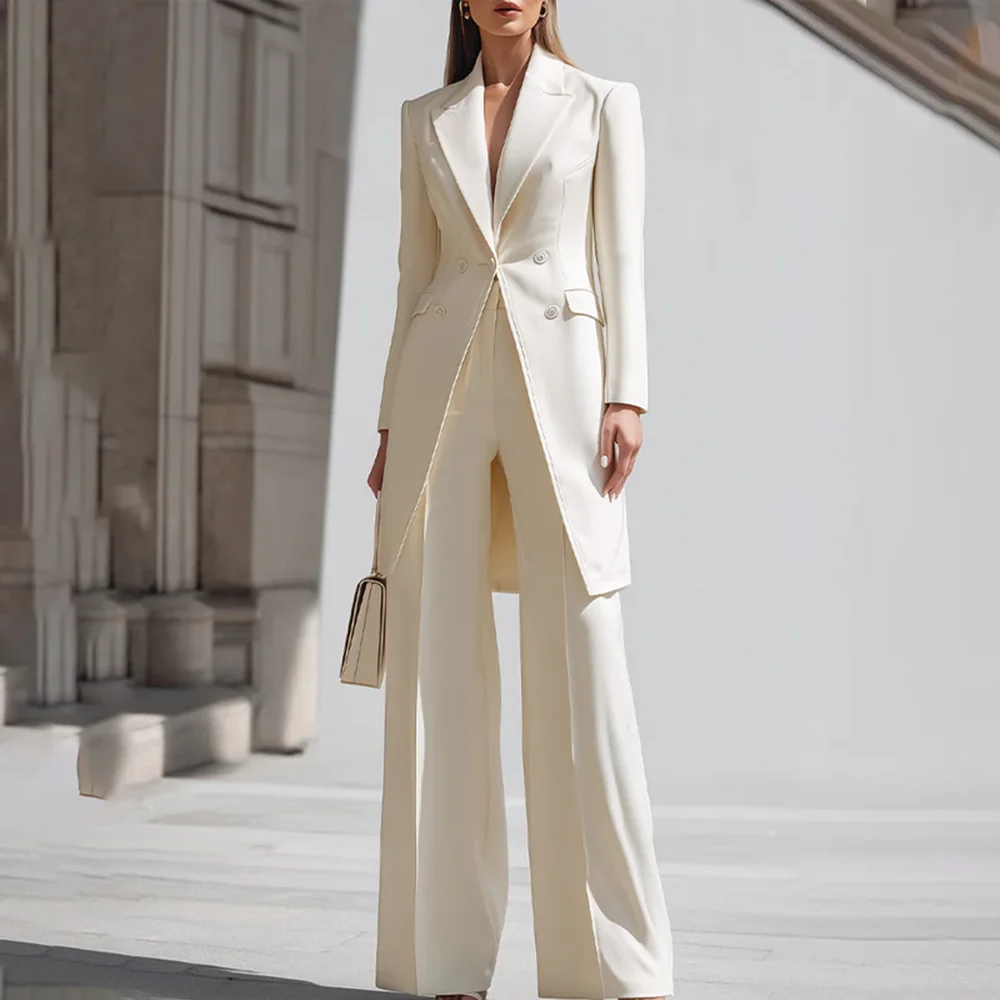 Luxury Women Pants Sets 2 Piece Chic Peak Lapel Double Breasted Outfit Fashion Elegant Daily Casual Party Office Lady Suits
